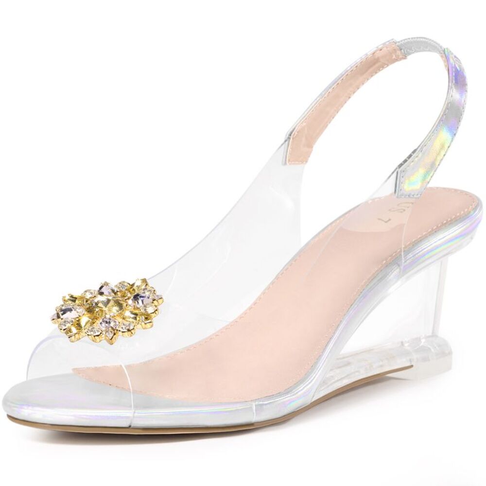Clear Rhinestone Wedge Low Heels Slingback Sandals Silver